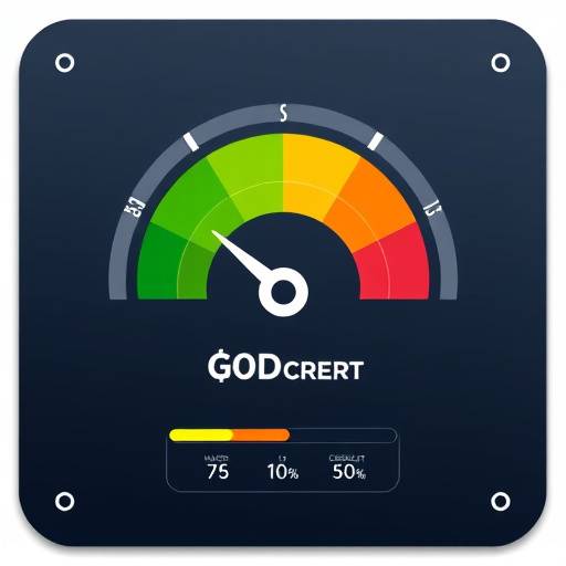 A credit score gauge with a needle pointing to a good score.