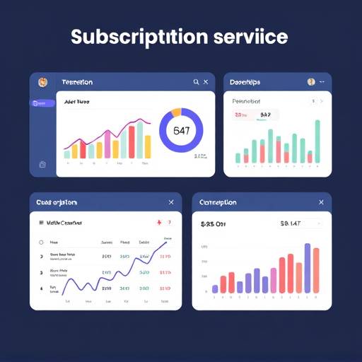Graphical representation of various subscription services, including streaming, software, and delivery services, all connected to a central financial dashboard.